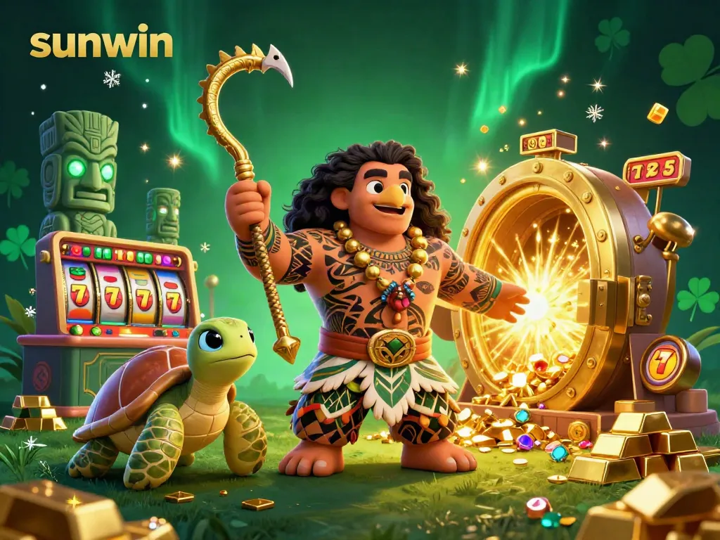 Experience the thrill of sunwin casino with a vibrant surreal scene featuring a tribal demigod and treasure galore.