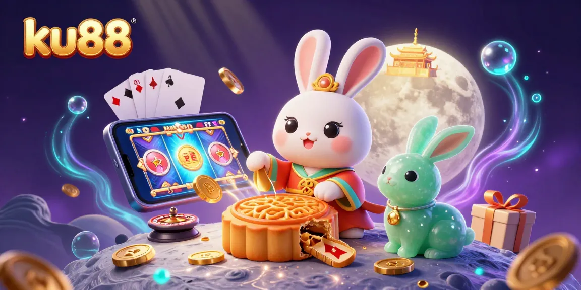 ku88 presents a vibrant casino illustration featuring a moon rabbit and gaming elements for an engaging experience.