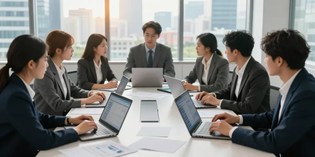 Colaboradores em reunião no escritório, analisando dados sobre o BPI Net Empresas.