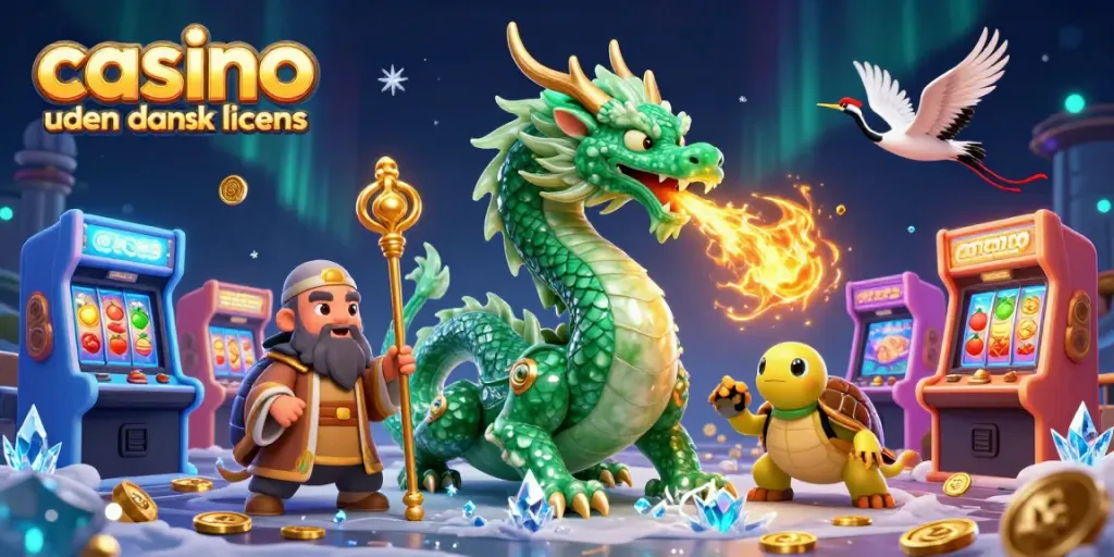 Play at casino uden dansk licens with a dragon, turtle sage, and lucky cranes in a vibrant scene.