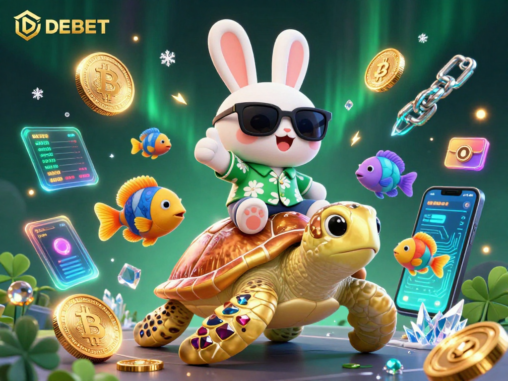 Experience exciting gameplay at DEBET, showcasing a lucky rabbit and golden turtle in a vibrant casino scene.