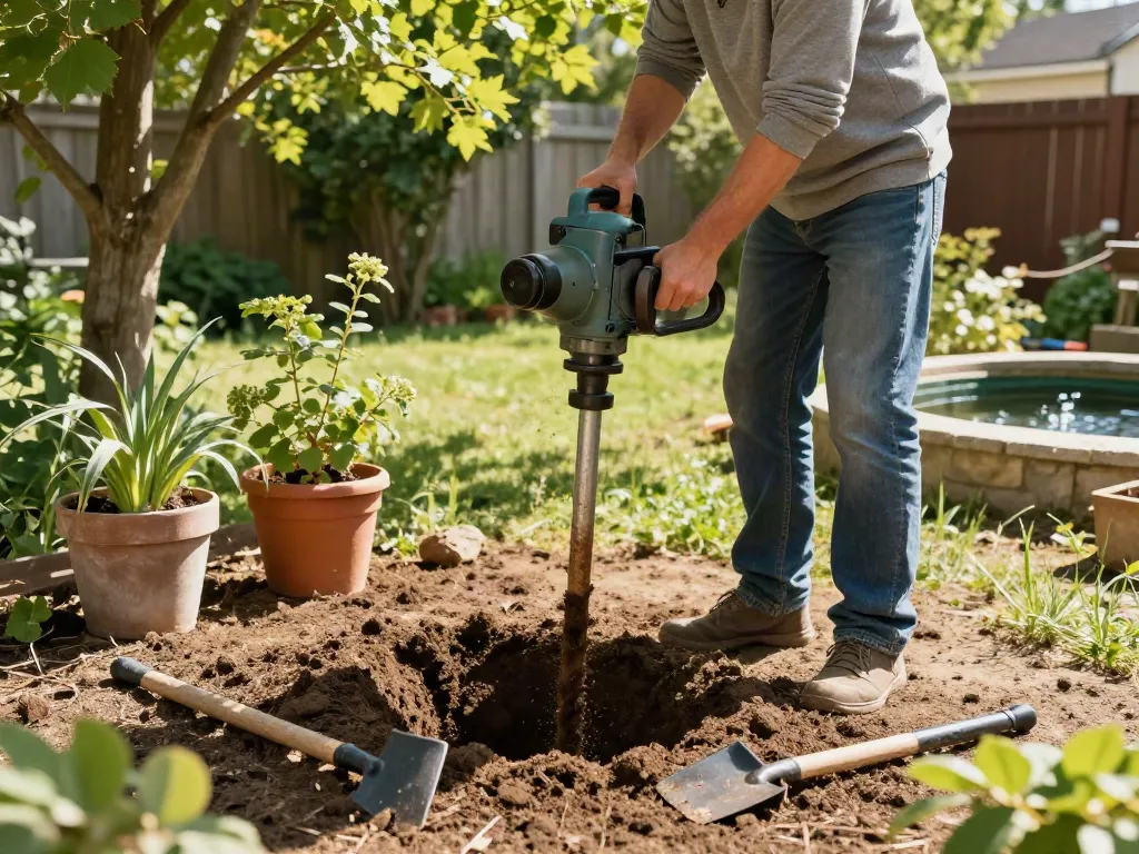 Brunnenbohren im Garten mit manuellem Erdbohrer und frischen Pflanzen.
