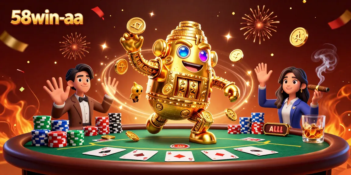 Engage with 58win-aa's colorful 3D casino scene featuring a golden golem among poker chips.
