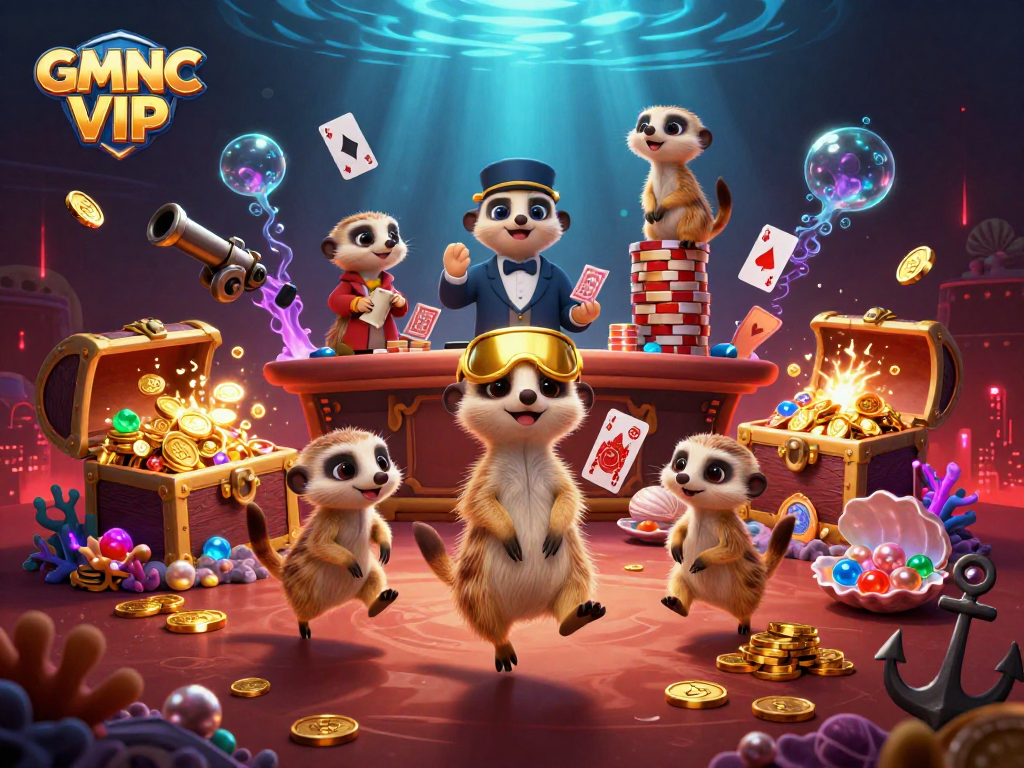 Engaging GMNC VIP scene with meerkats managing a vibrant casino operation, rich in gaming excitement.
