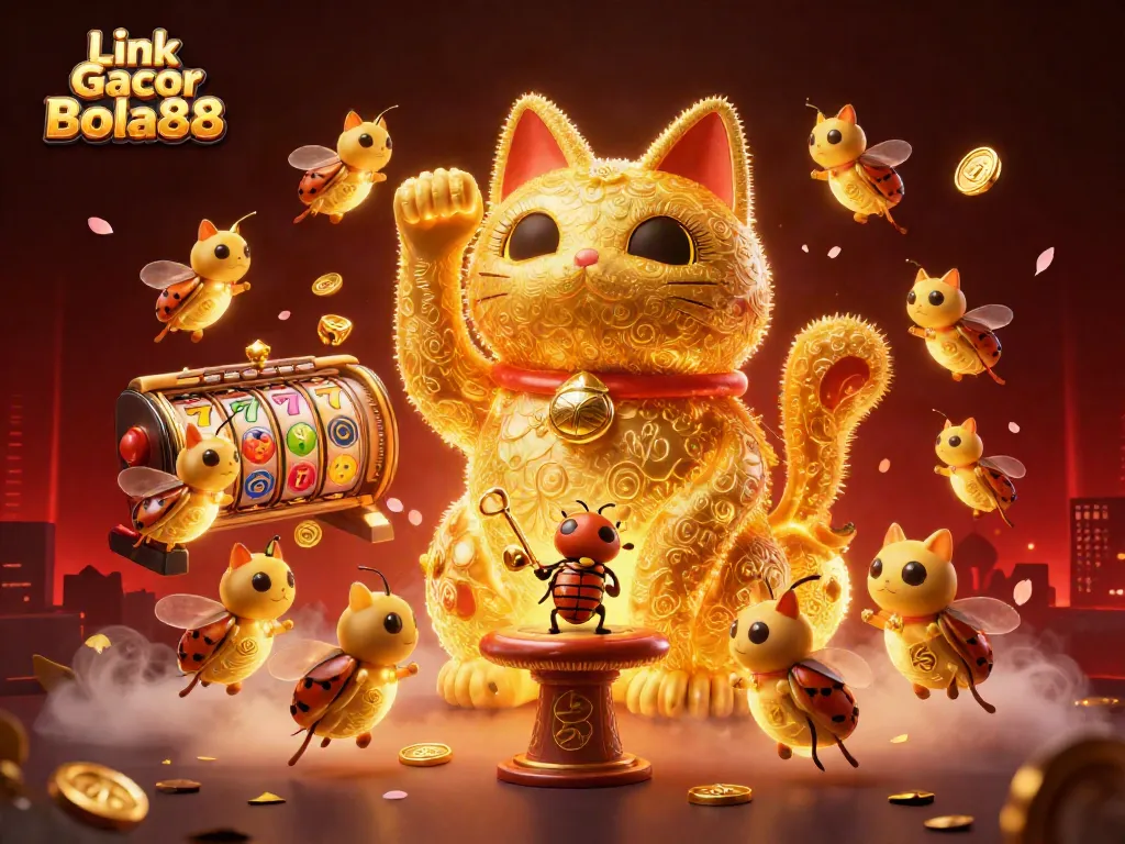 Experience the thrill of winning at Link Gacor Bola88 with lively casino elements surrounding a giant lucky cat.