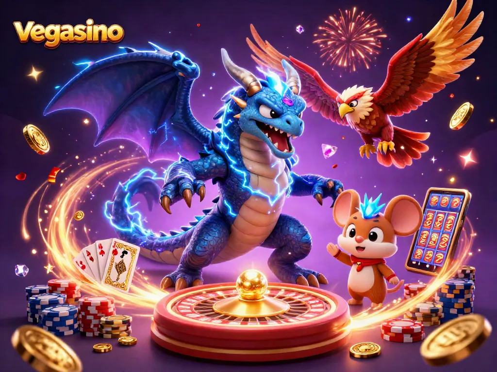 Experience thrilling gameplay with vegasino's colorful casino scene, featuring vibrant game elements.