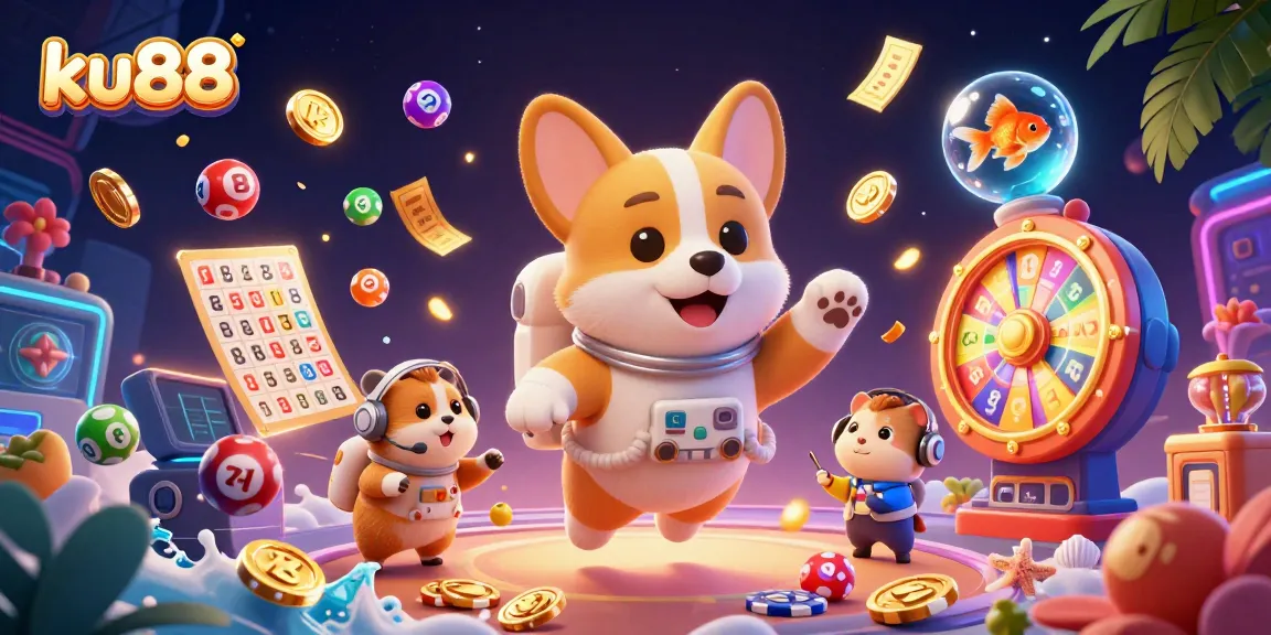 Win big at ku88 with a vibrant space-themed casino illustration packed with gaming action.