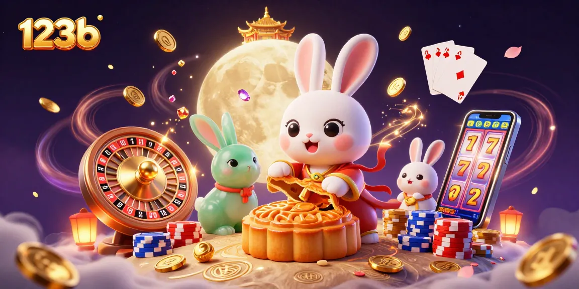 Join the 123b moon rabbit as it reveals poker chips hidden inside mooncakes in a vibrant casino scene.