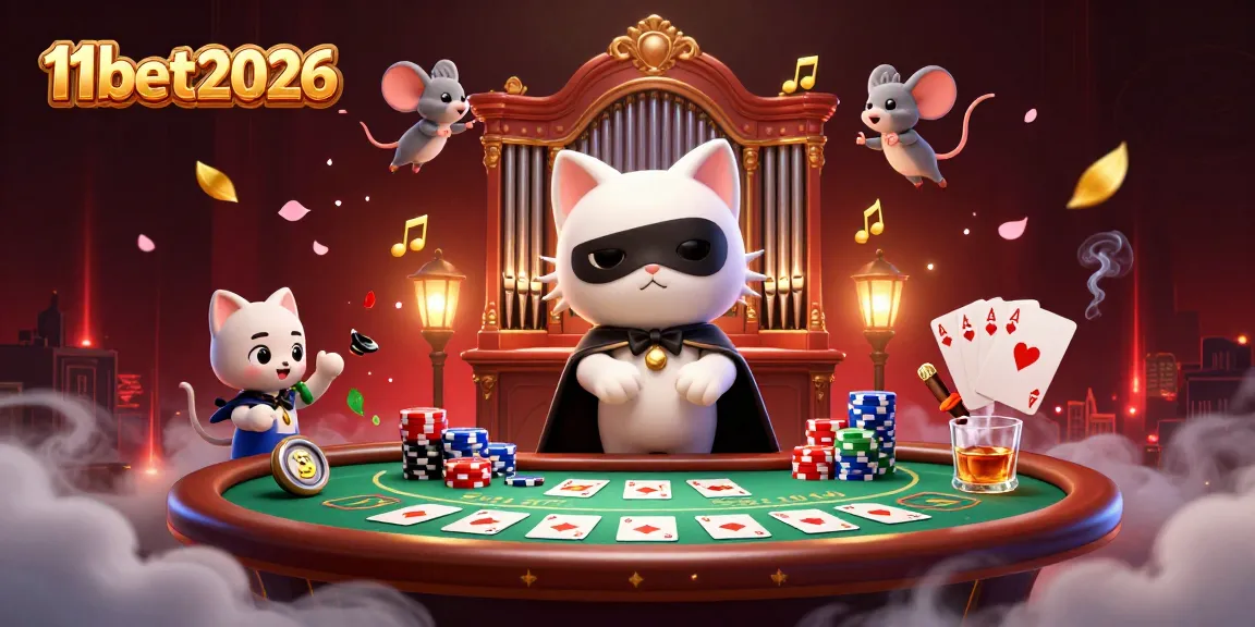 Experience the excitement of gambling with 11bet2026 featuring a phantom cat, mouse acrobat, and poker elements in a rich casino scene.
