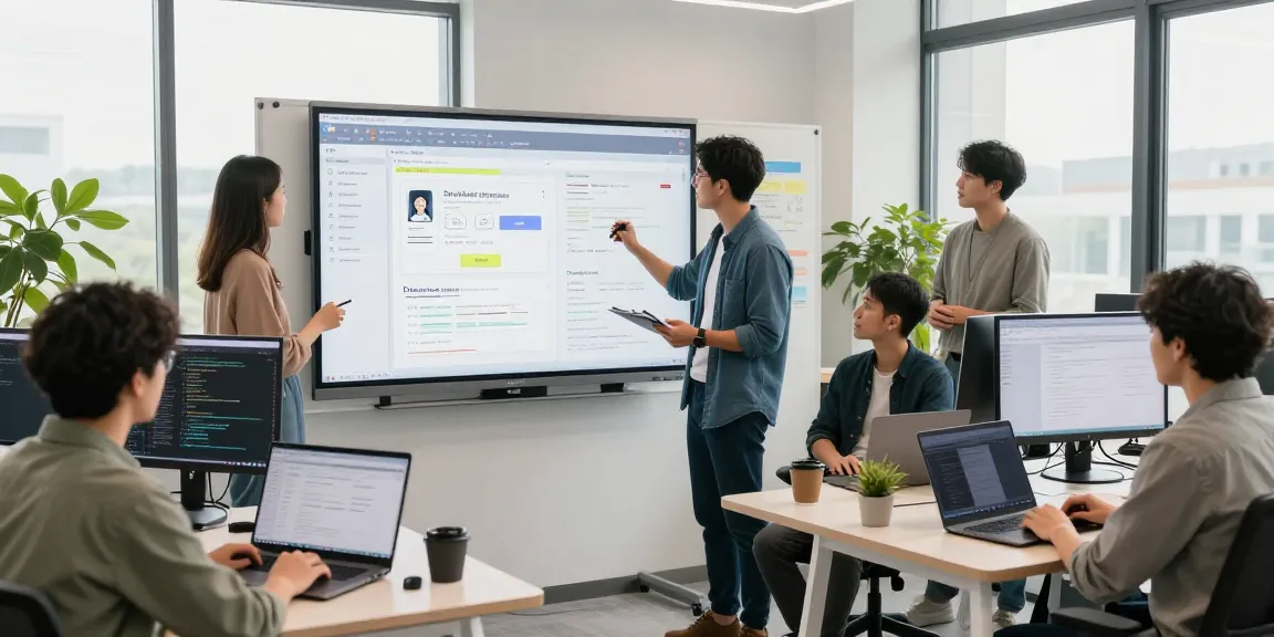 Developers brainstorming at a collaborative workspace featuring https://sc88.chat/ with digital designs on whiteboard.