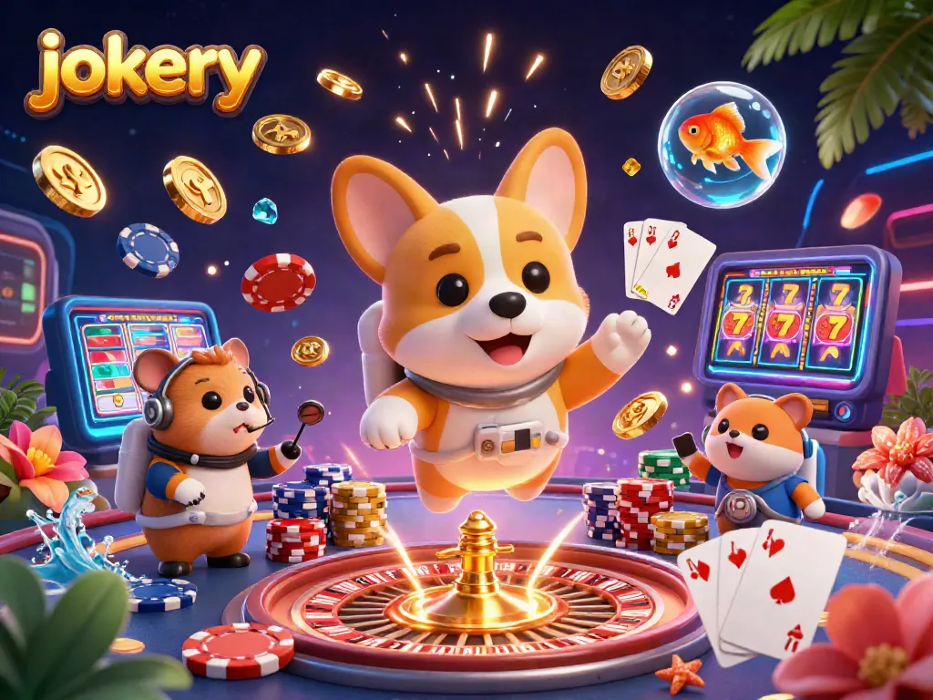 Experience the thrill of jokery casino with a vibrant 3D scene filled with floating coins and poker action.