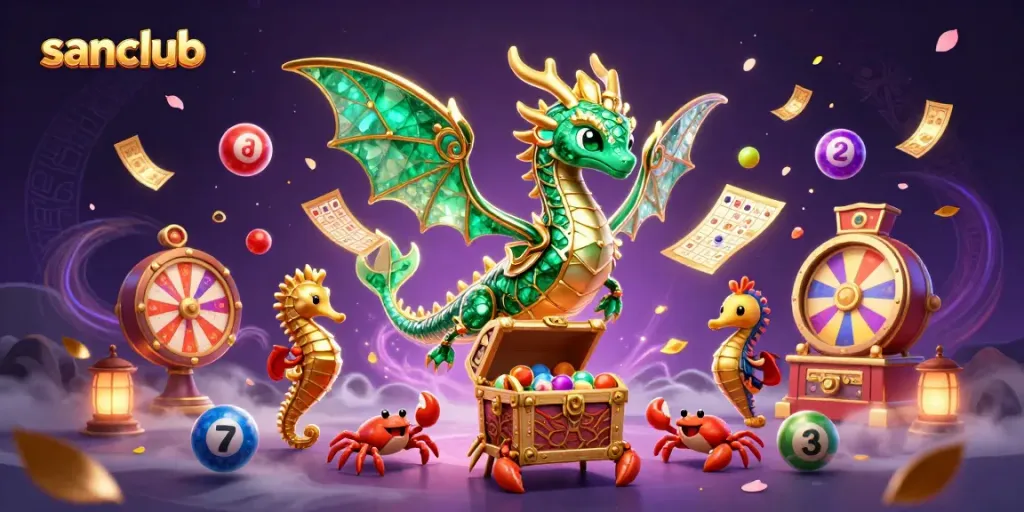 Engage with sanclub's vibrant 3D dragon scene filled with lottery elements and casino excitement.