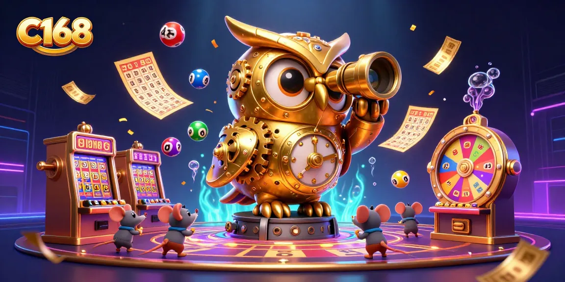 C168 features a stunning 3D golden owl scanning a vibrant casino floor filled with colorful games.