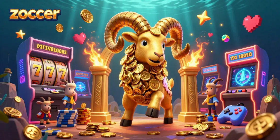 Zoccer brings a vibrant gambling experience with colorful slot reels, golden ram, and arcade elements.