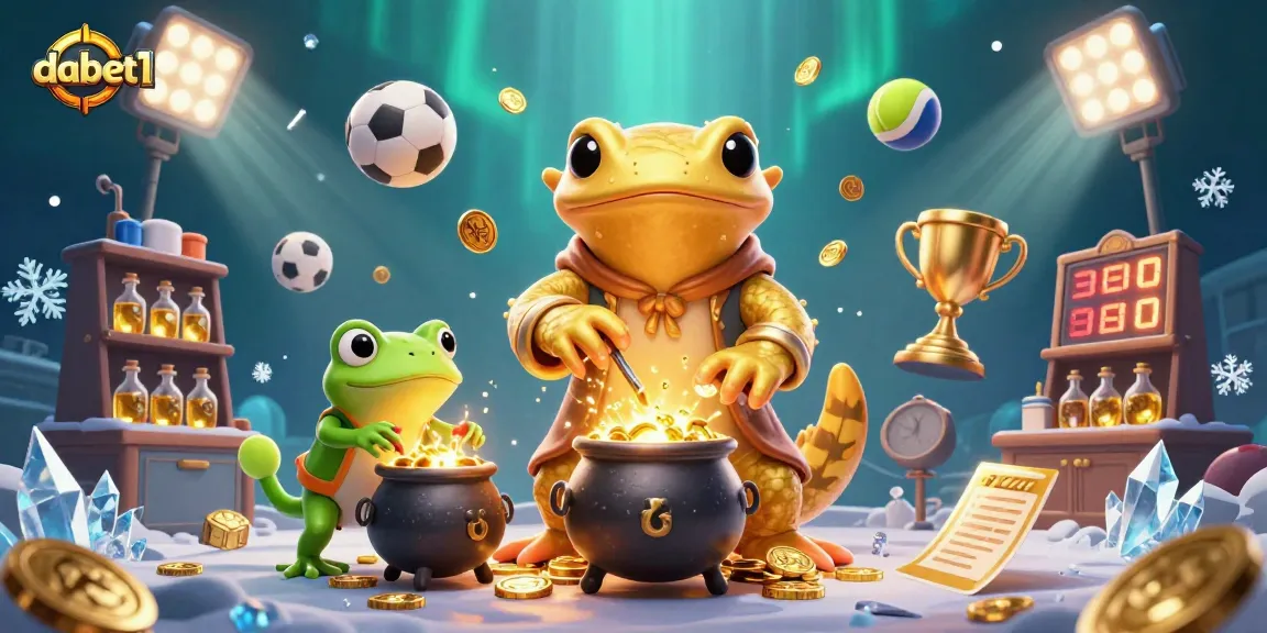 dabet1 showcases a vibrant 3D scene of gambling elements with a golden salamander alchemist, enhancing user engagement.