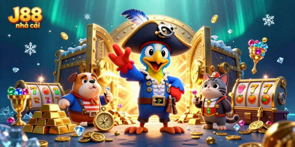 Win big with J88 nhà cái in a vibrant pirate-themed slot adventure, featuring gold and gems!