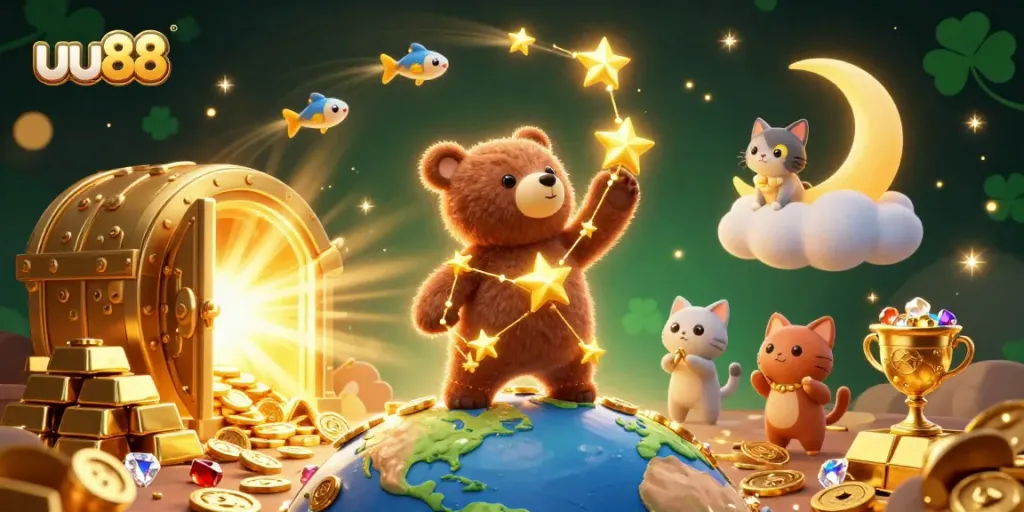 uu88 players scoop jackpots with golden treasures in vibrant 3D casino illustration