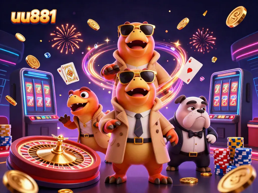 Raptors in a trench coat enter VIP lounge with golden coins and cards, showcasing uu881.