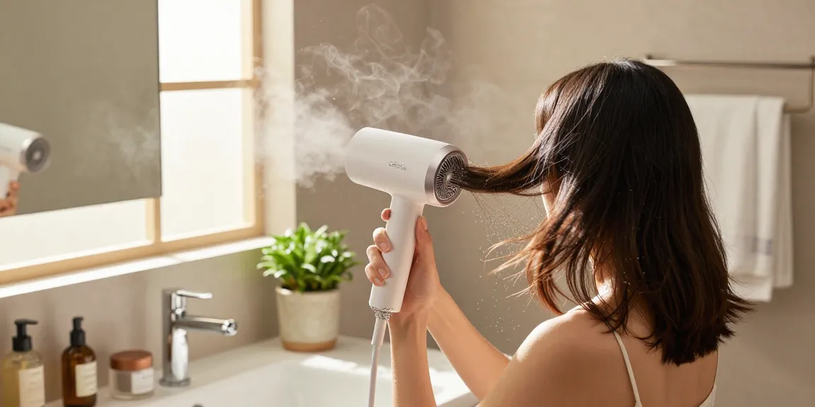 Laifen Föhn in Verwendung, stilvolle Haartrocknung in einem modernen Badezimmer mit eleganten Beauty-Produkten.