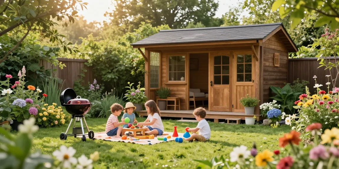 Gartenhaus Holz in einem lebhaften Garten mit spielenden Kindern und einer Familie beim Picknick.