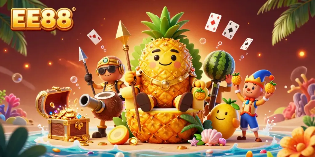 Engage with the vibrant beach casino scene featuring EE88's golden pineapple king, embodying the essence of fun gambling adventures.