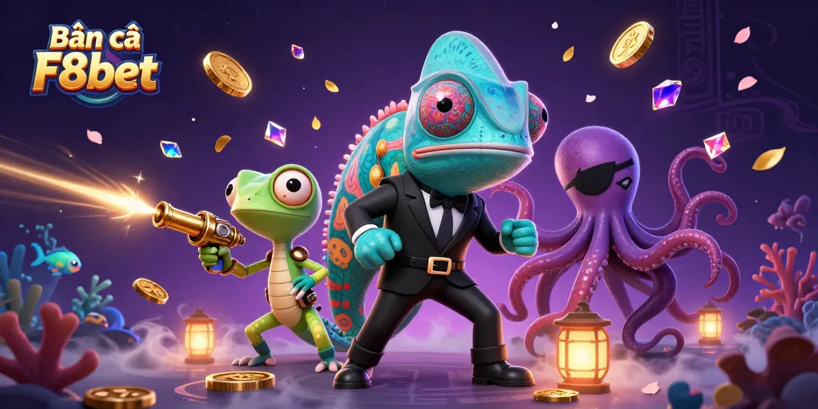 Bắn cá F8bet showcases vibrant underwater action with a colorful 3D casino scene filled with treasures.