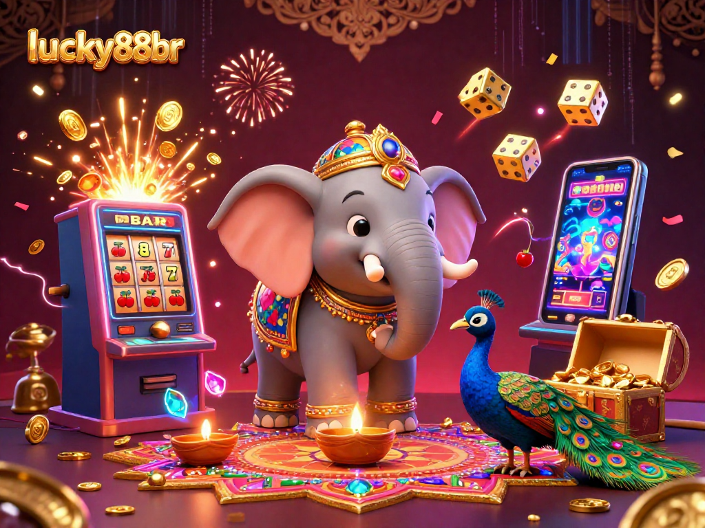 Experience dazzling wins at lucky88br's vibrant casino scene with festive characters and lively gaming elements.