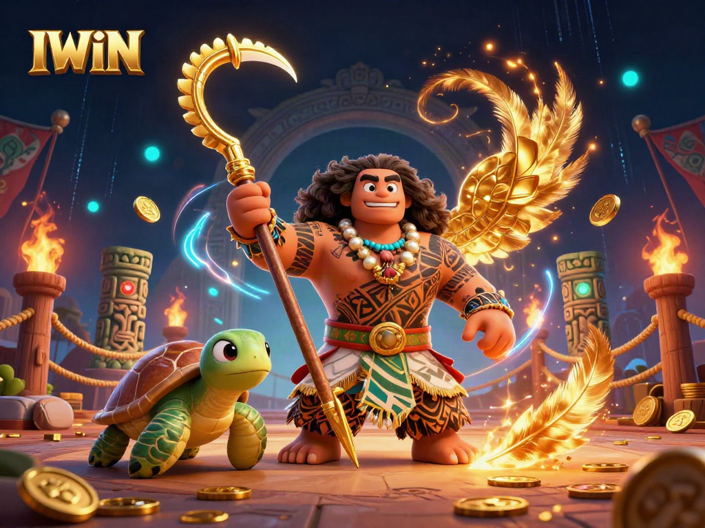 IWIN gaming scene featuring a demigod hawk and turtle amidst gold coins and vibrant casino elements.
