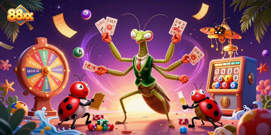 Engage with 88xx's dynamic casino scene featuring a giant mantis card sharp and vibrant lottery elements.