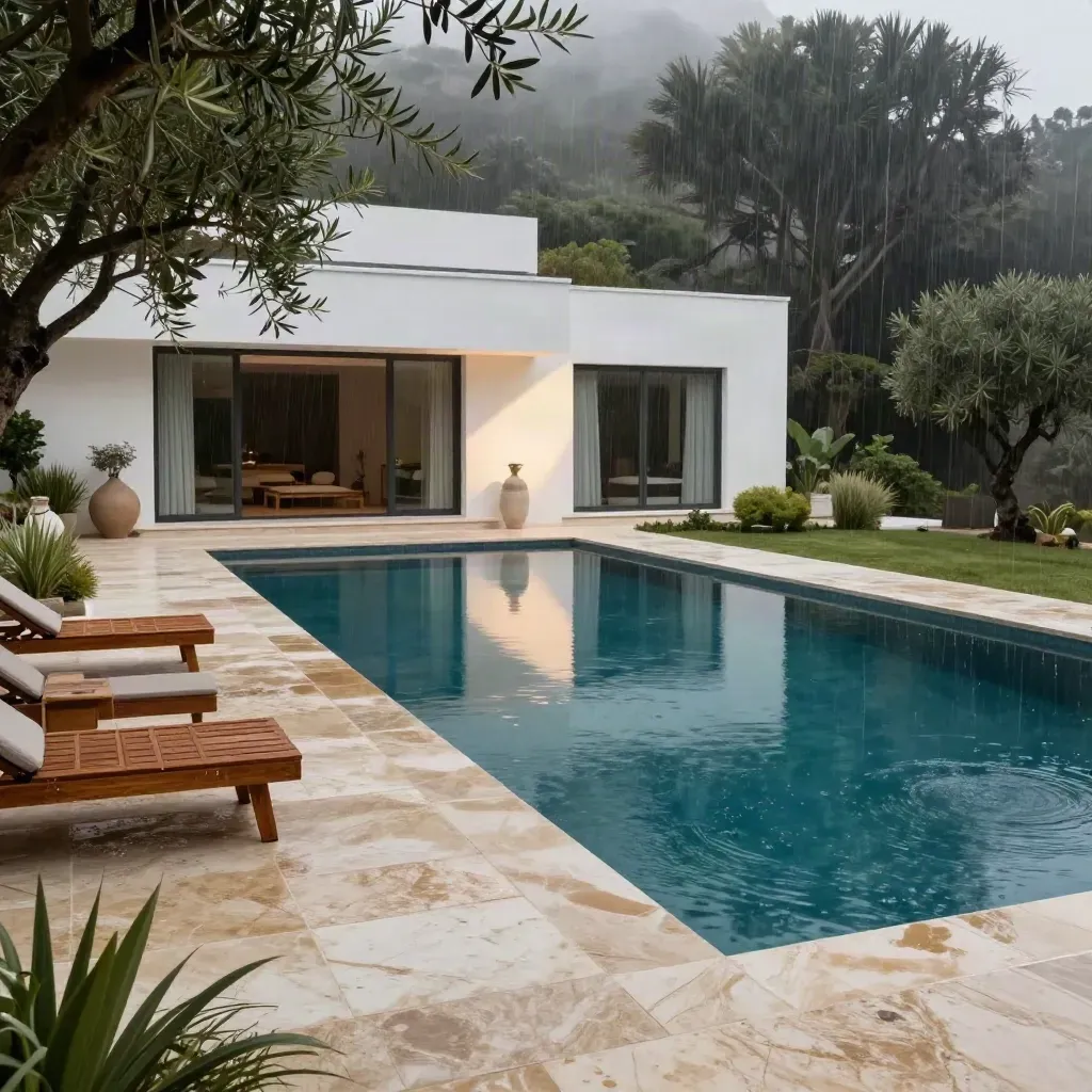Modernes Poolhaus mit langem Becken, Terrasse, Liegen, Olivenbaum und Abendlicht nach Regen.