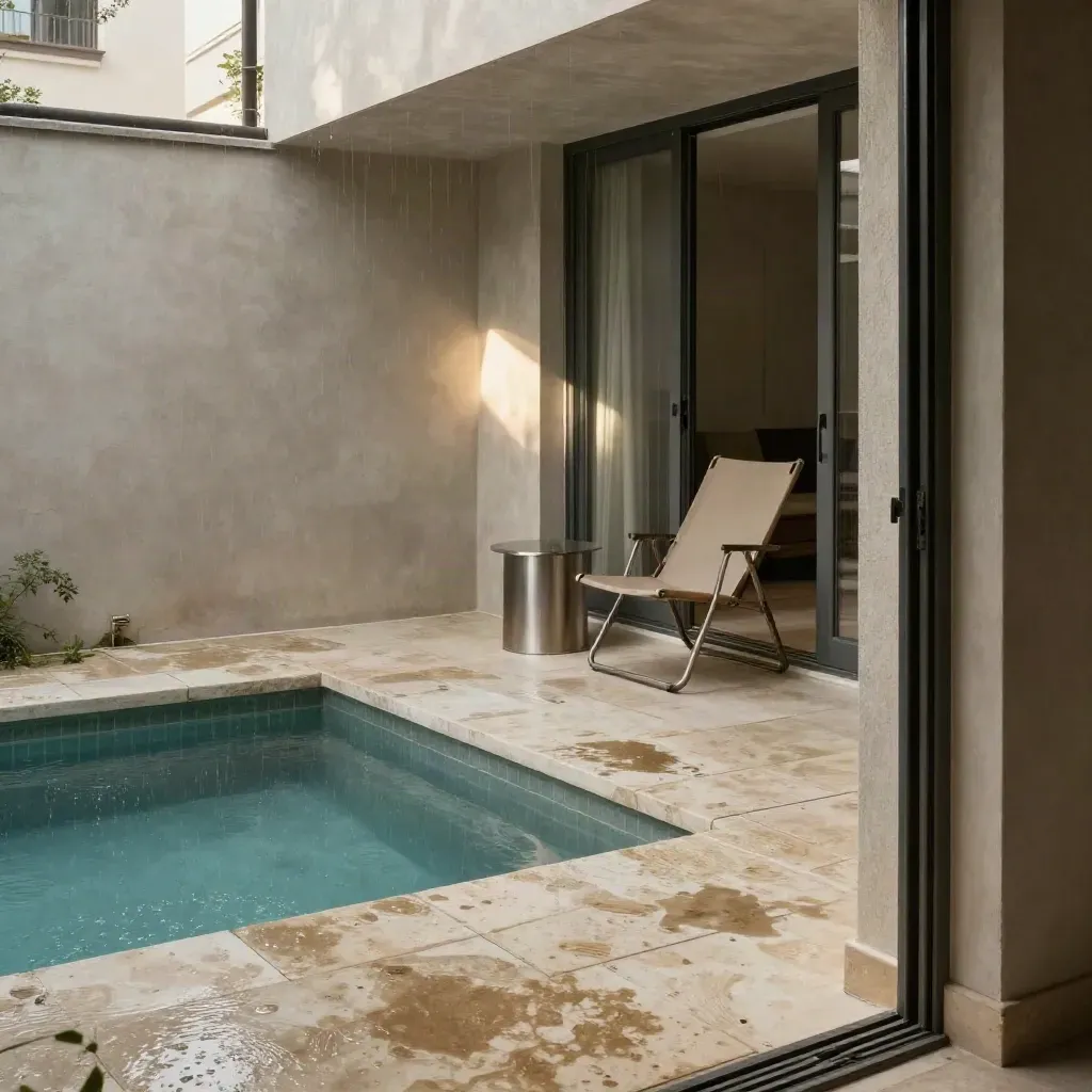 Mietshof mit kleinem Pool, nassem Steinboden und halb geöffneter Schiebetür im Regen.