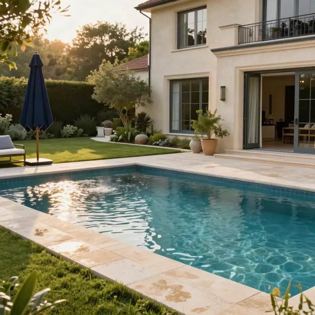 Haus mit Außenpool, offene Türen und warme Abendsonne auf Terrasse und Wasser.
