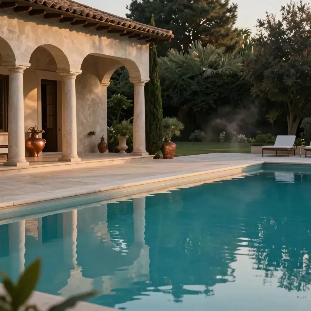 Villa mit Pool im Abendlicht, mediterran, ruhig und luxuriös.