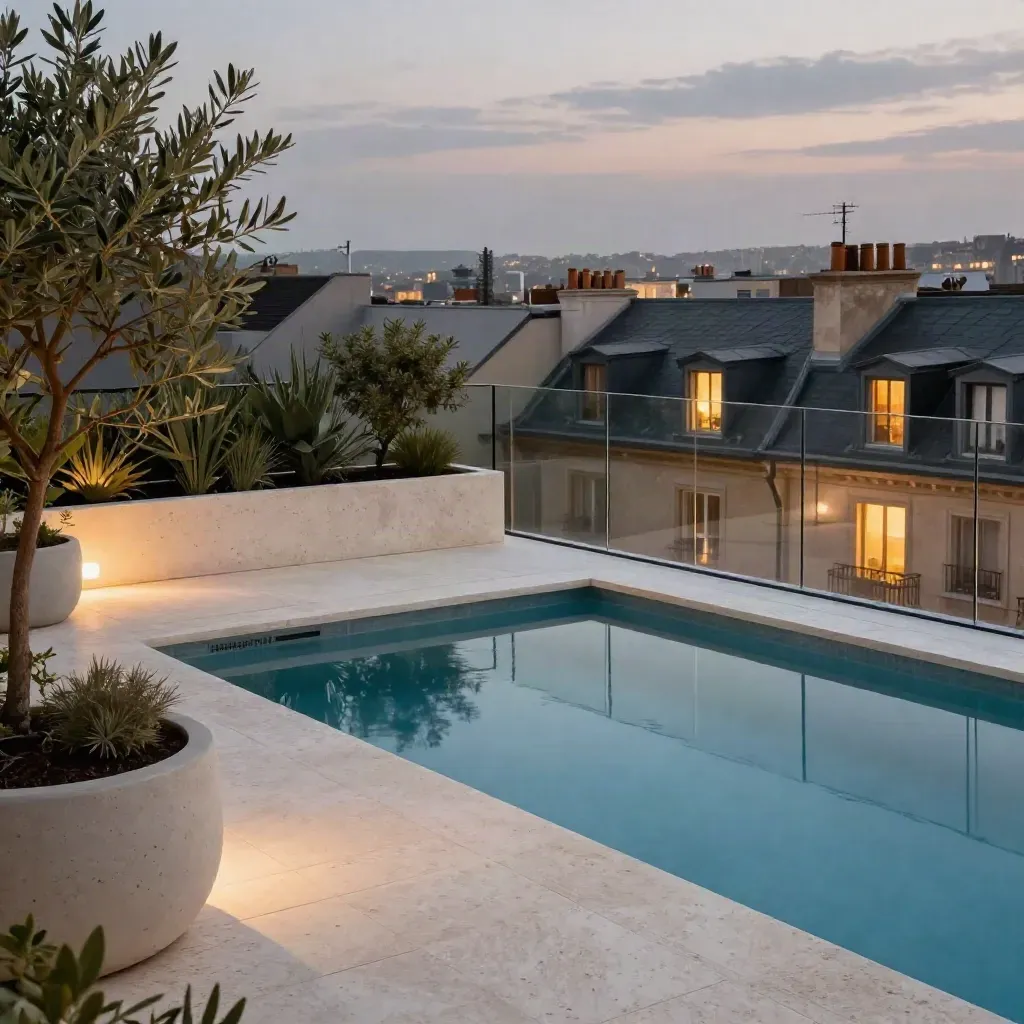 Dachpool auf einer Rooftop-Terrasse mit Stadtblick bei Abenddämmerung