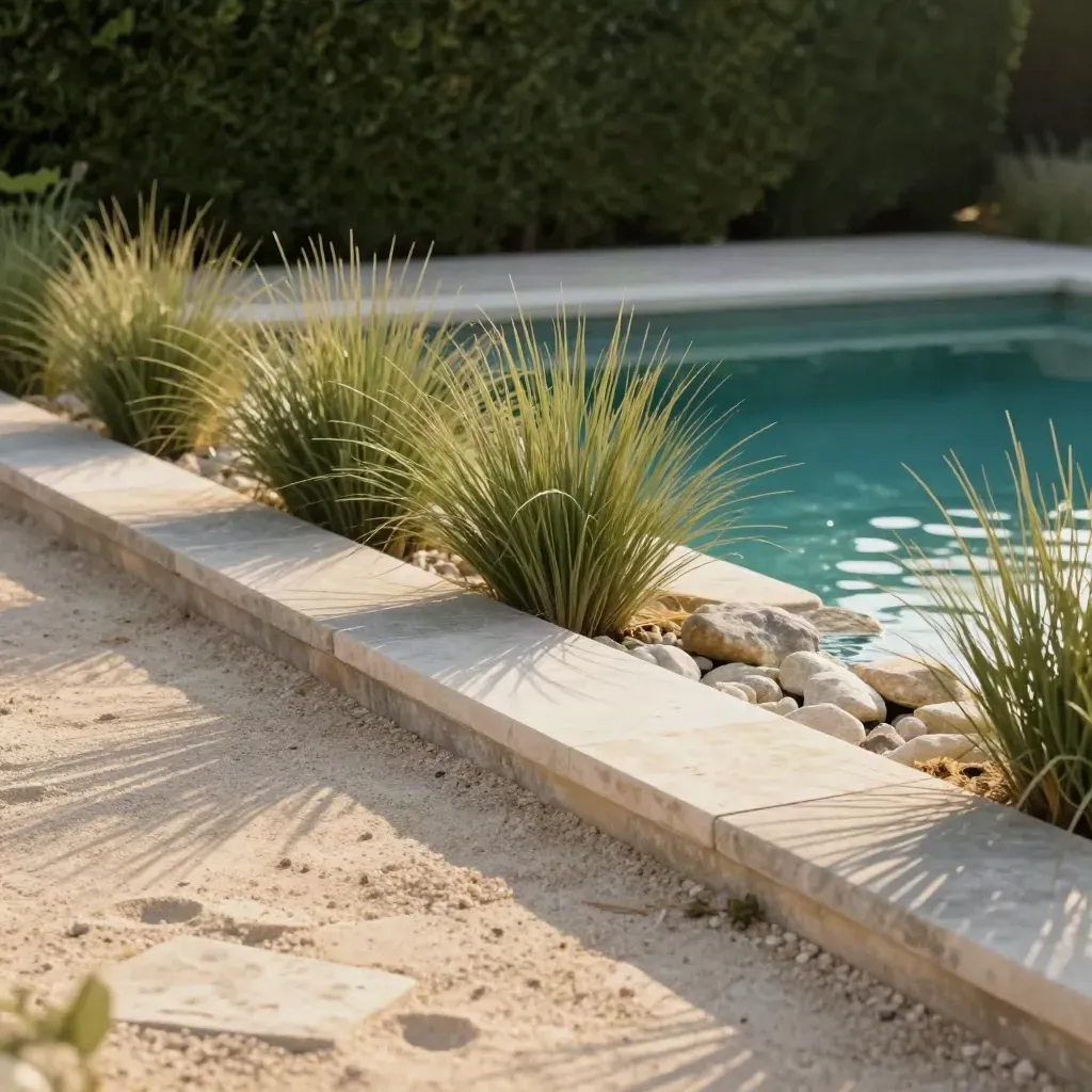 Poolrand mit Gräsern, Kies, Kalksteinplatten und Hecke im warmen Spätnachmittagslicht.