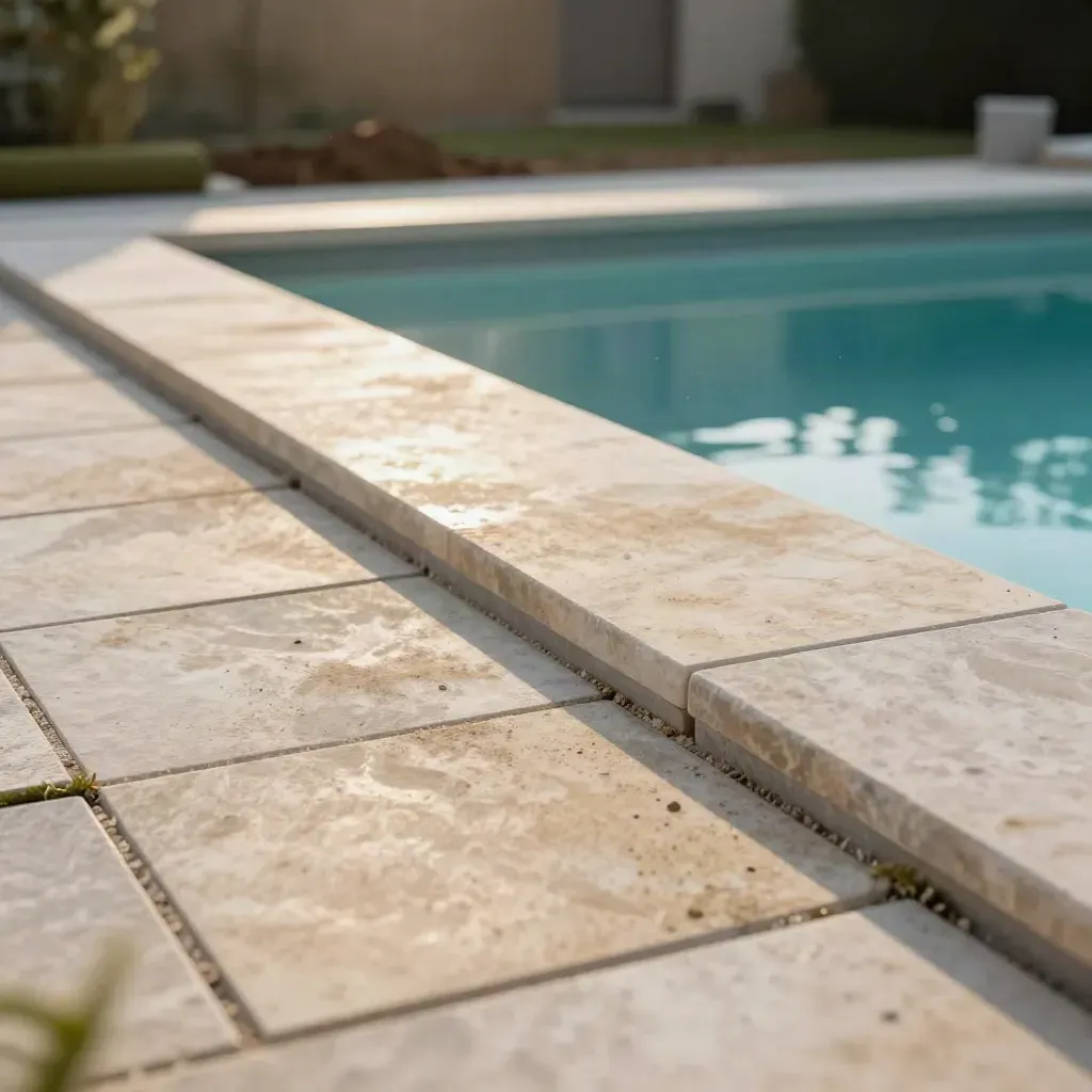 Blick von oben auf Neubau mit Pool, frischem Rollrasen und heller Terrassenfläche im Abendlicht.