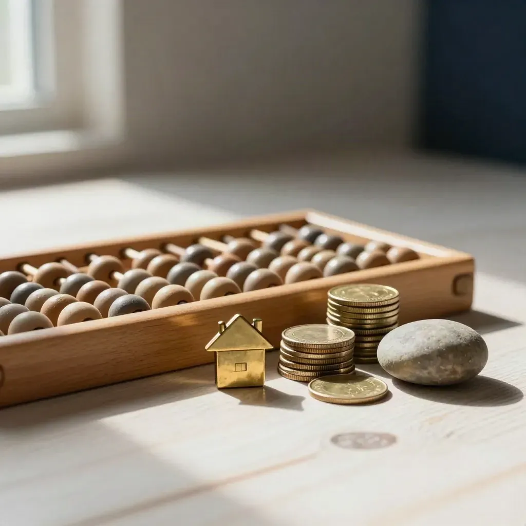 Holzabakus mit Hausmarke, Münzstapel und Flussstein auf heller Holzfläche.