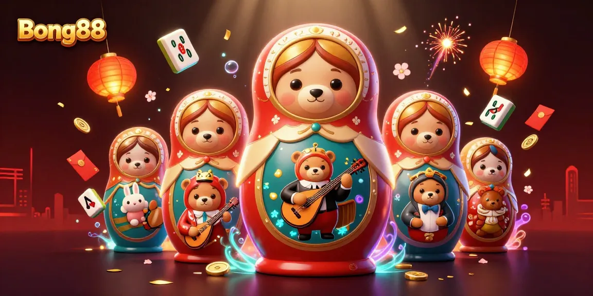 Bong88 showcases vibrant 3D casino themes with playful cartoon bears and festive decorations.