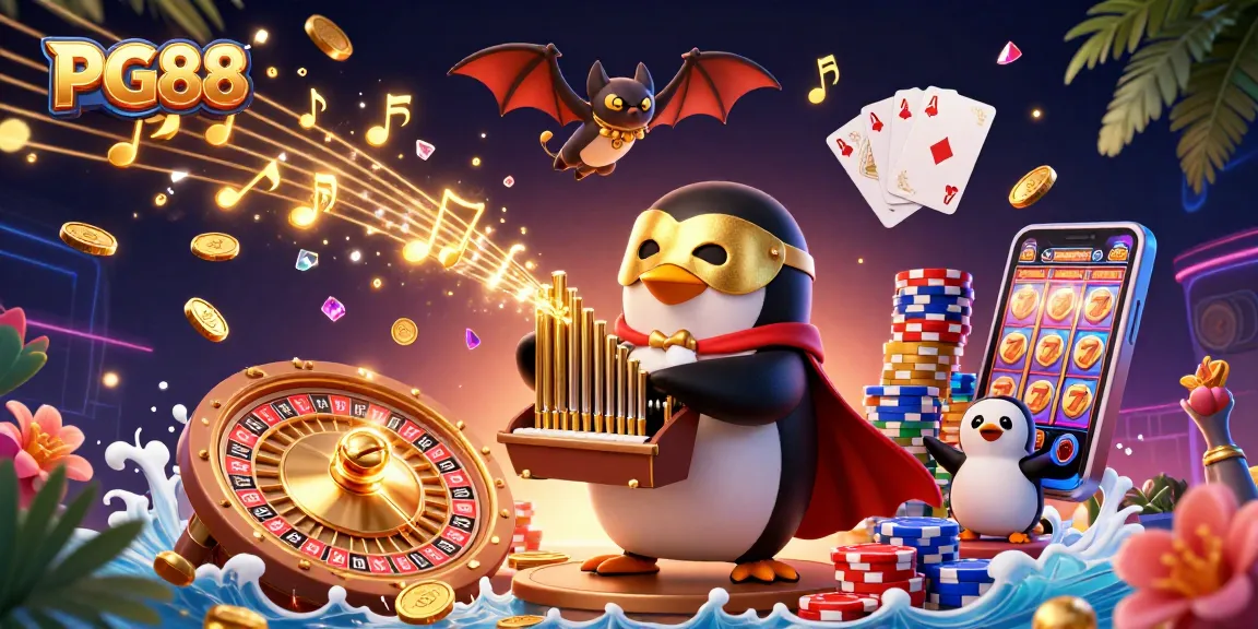 Experience thrilling wins at PG88 with vibrant 3D casino illustration showcasing classic games.