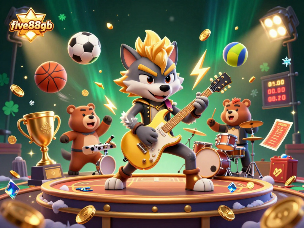 Engage in the thrill of five88gb with a vibrant casino scene featuring a rock star wolf and dynamic gaming elements.