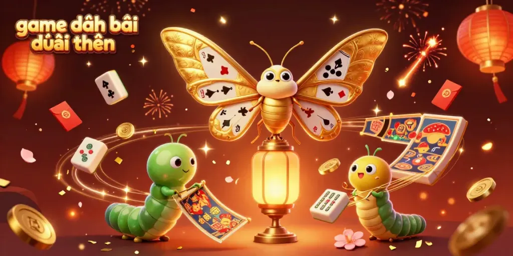 Engaging 3D scene of game đánh bài đổi thưởng illustrated with a golden moth and casino elements.
