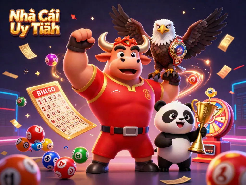 Engaging 3D scene showcasing Nhà Cái Uy Tín with a muscular bull, eagle, and panda amidst vibrant casino elements.