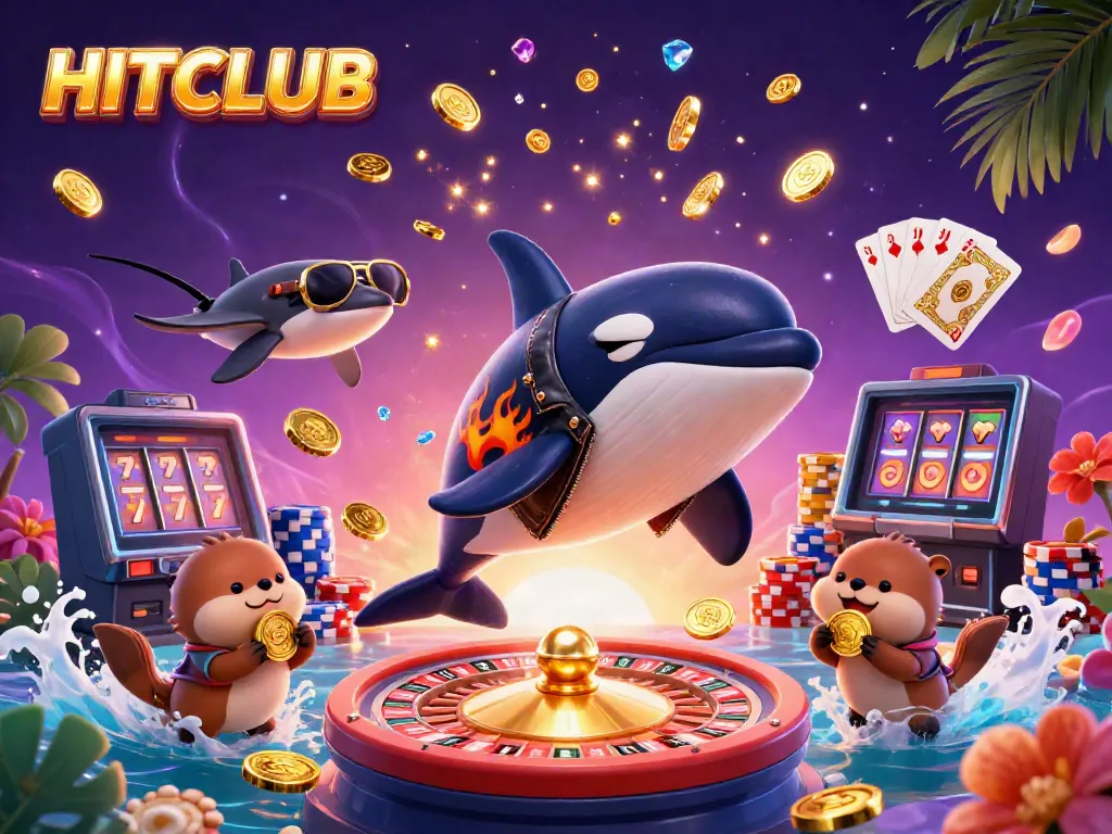 Experience HITCLUB’s vibrant casino scene with an orca and friends playing amid golden coins and roulette wheels.