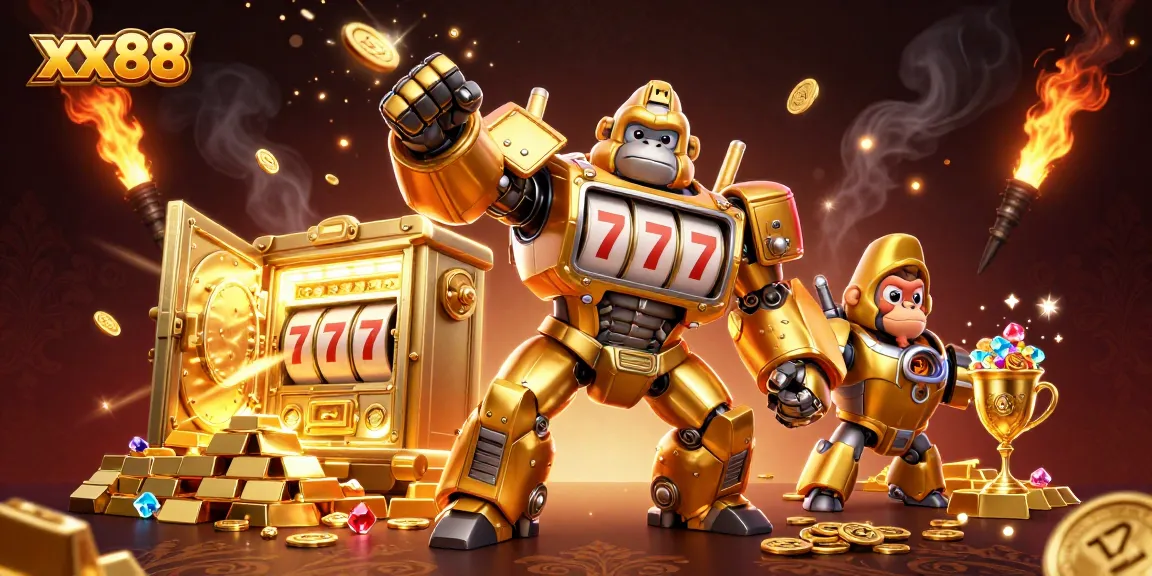 Xx88 gaming illustration showcasing a golden gorilla mech with vibrant gaming elements in a treasure-filled atmosphere.