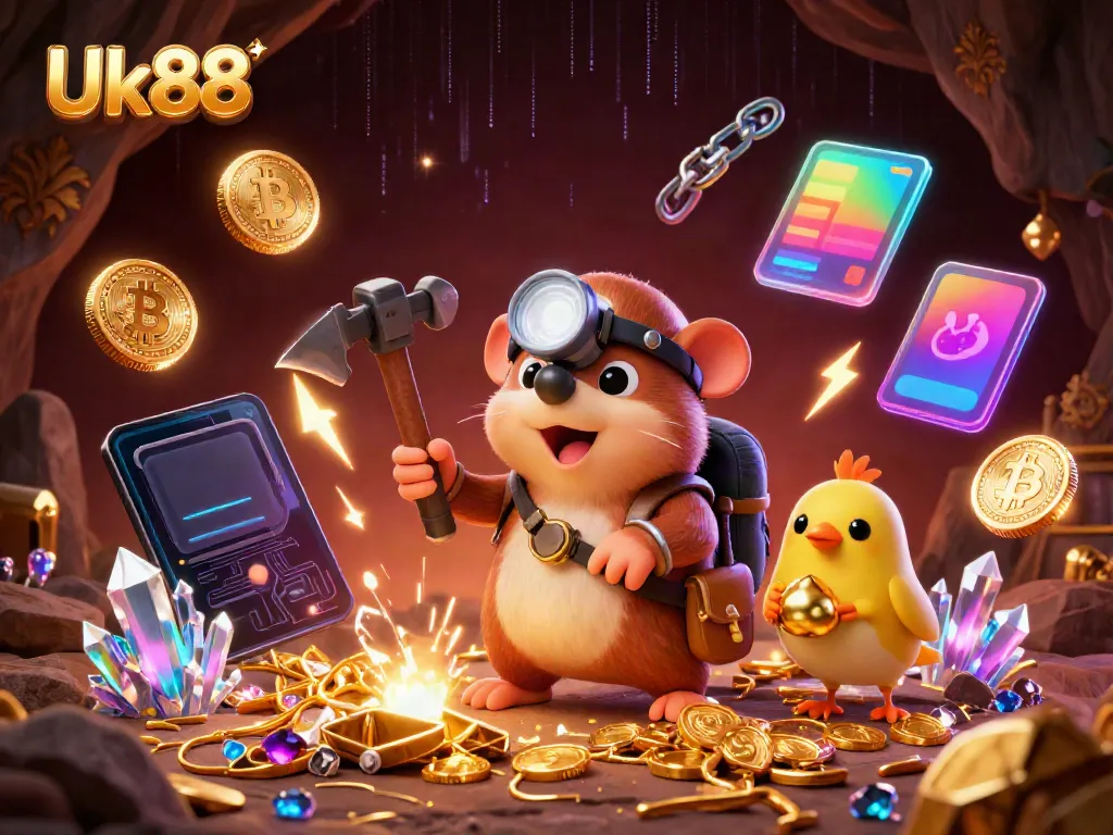 Engage with Uk88's vibrant online casino atmosphere featuring gaming treasures and crypto motifs