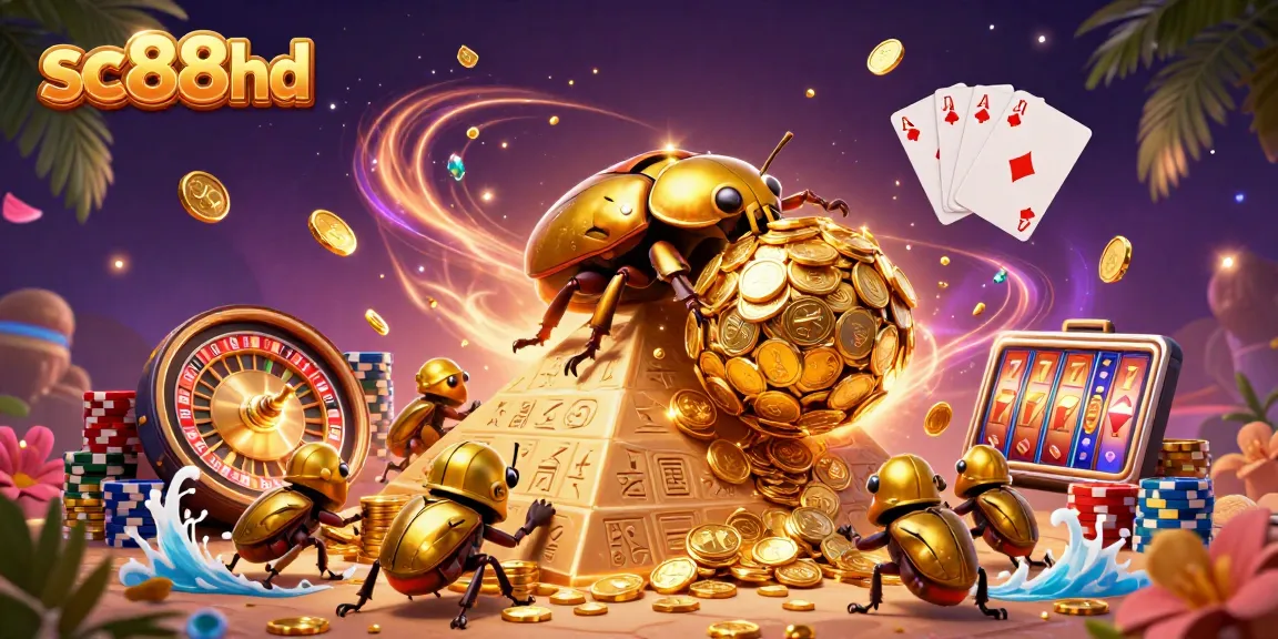 Spin to win with sc88hd as golden beetles roll coins in a vibrant casino scene.