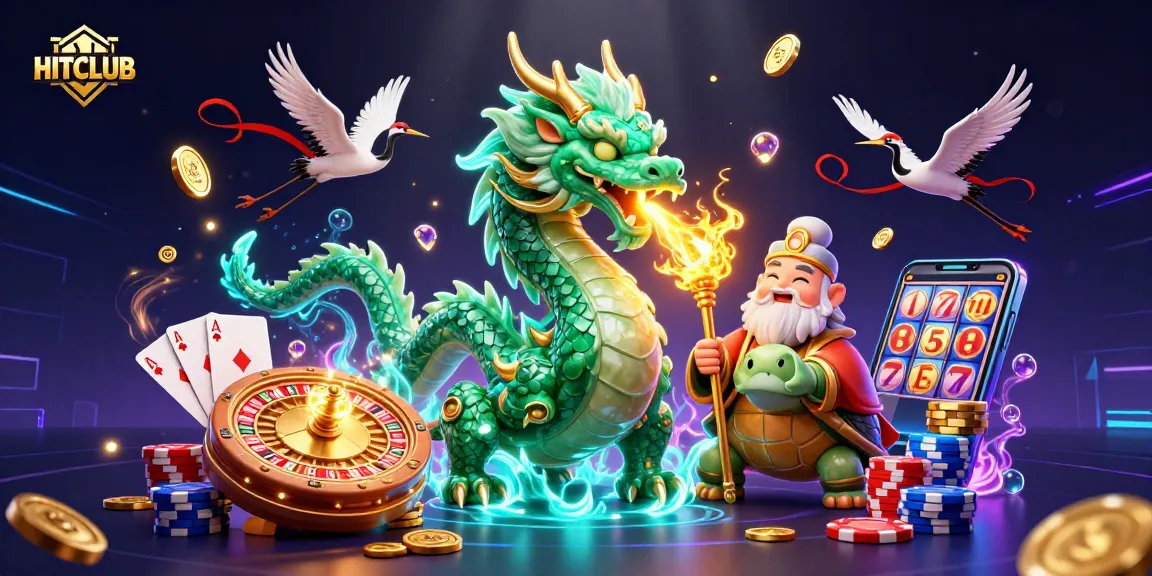 Engage in exciting gameplay at HITCLUB with a vibrant scene featuring dragons, coins, and iconic casino elements.