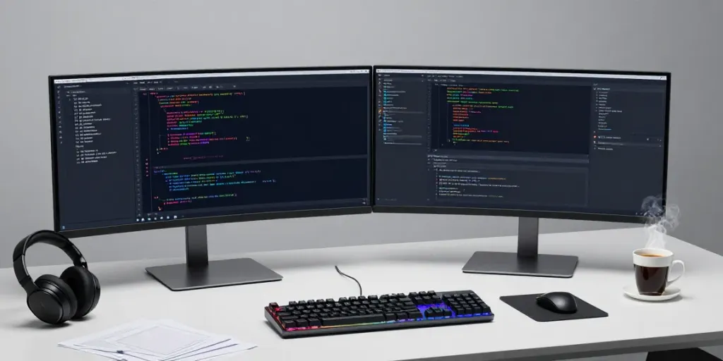 Zigarrette in einem modernen Büro mit Softwareentwicklung, RGB-Beleuchtung und sauberer Ästhetik.