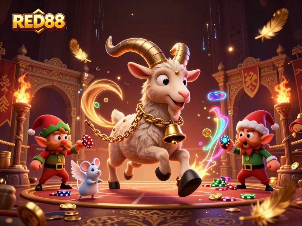 Experience the excitement at RED88's vibrant casino filled with cartoon characters engaging in thrilling gambling activities.