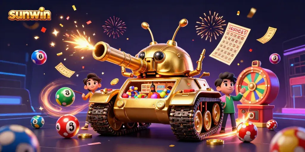 Immerse in the excitement of sunwin with a 3D golden beetle tank casino scene bursting with vibrant lottery elements.